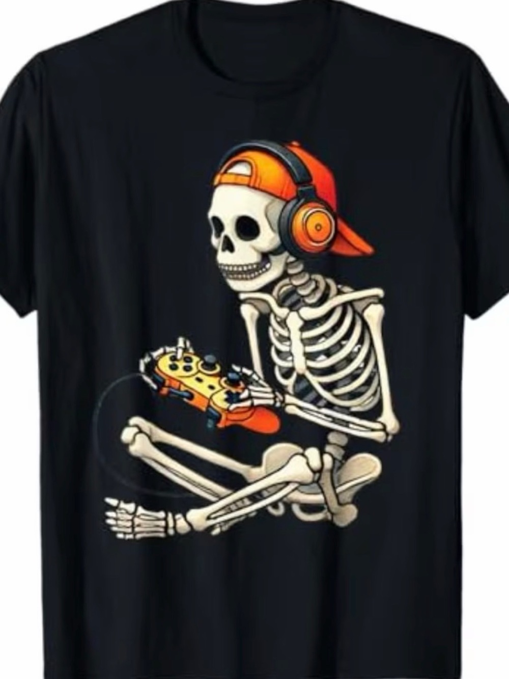 Black Graphic Tee with Orange Skeleton Gamer Design